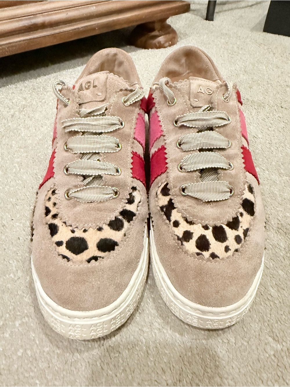 AGL Taupe Suede Sneakers with Leopard Haircalf and Pink Stripe